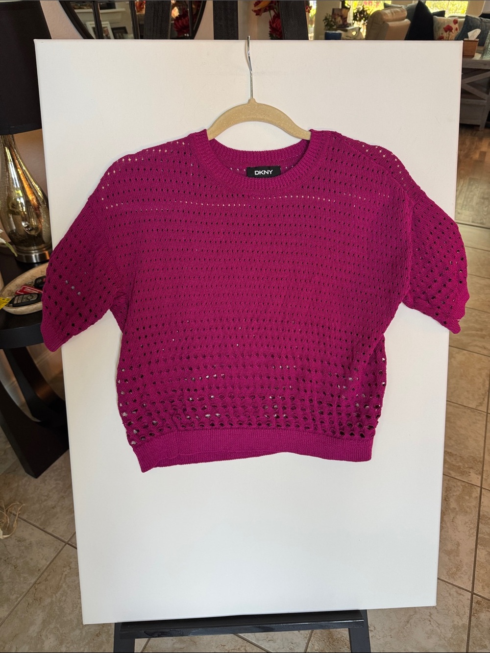 DKNY Open-Knit Short Sleeve Sweater in Fuchsia